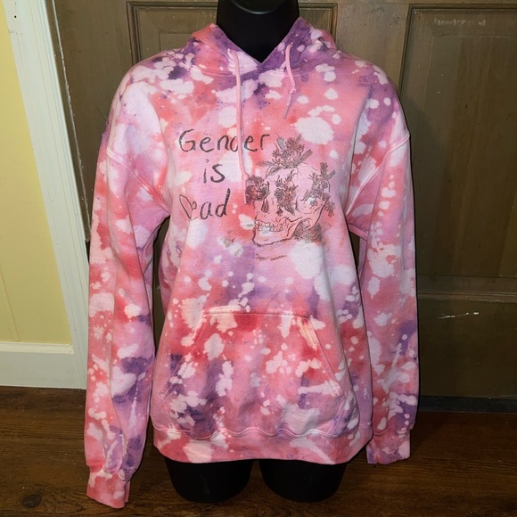 Gildan Tops - ⭐️Gender is Dead Graphic Pink Red Punk Tie-Dye Fleece Long Sleeve Hoodie Size S
